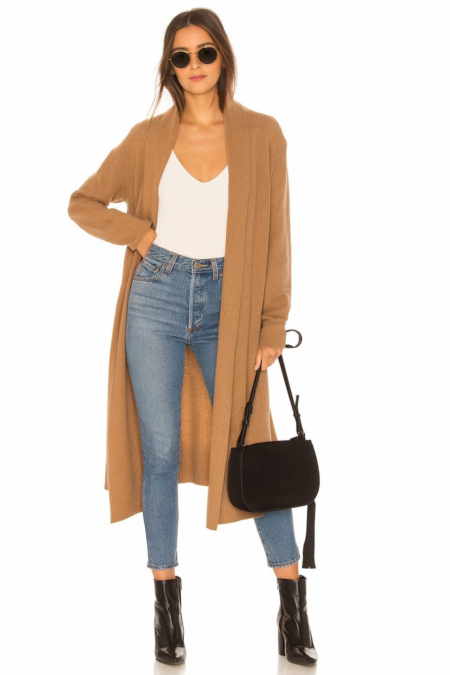 360 Cashmere Audree Camel Ribbed Longline Cardigan Duster Size Small